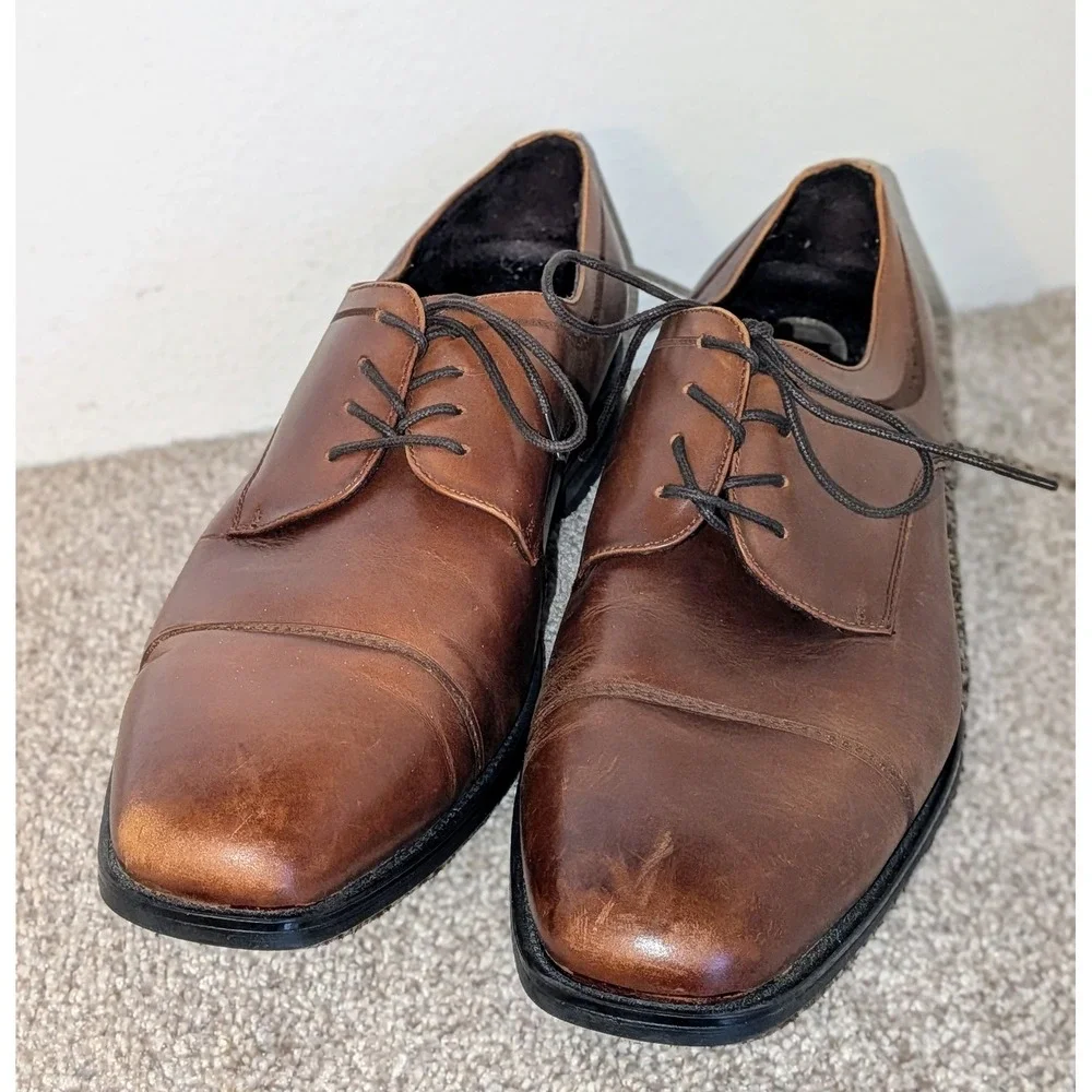 Kenneth Cole New York‎ Mens Sz 10.5M Brown Leather Cap Toe Lace Up Dress Shoes